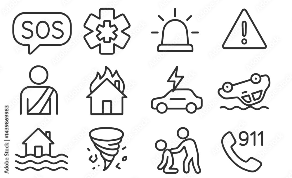 Aufkleber Collection of line style web icons representing emergency situations and assistance