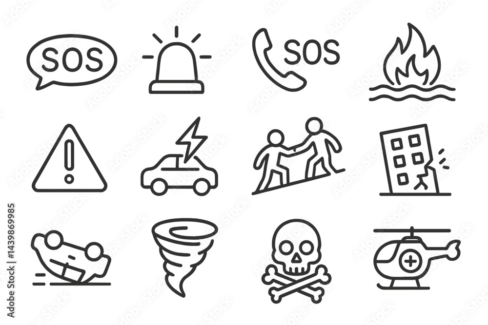 Leinwandbilder Set of line style web icons representing emergency and safety symbols for informative digital design