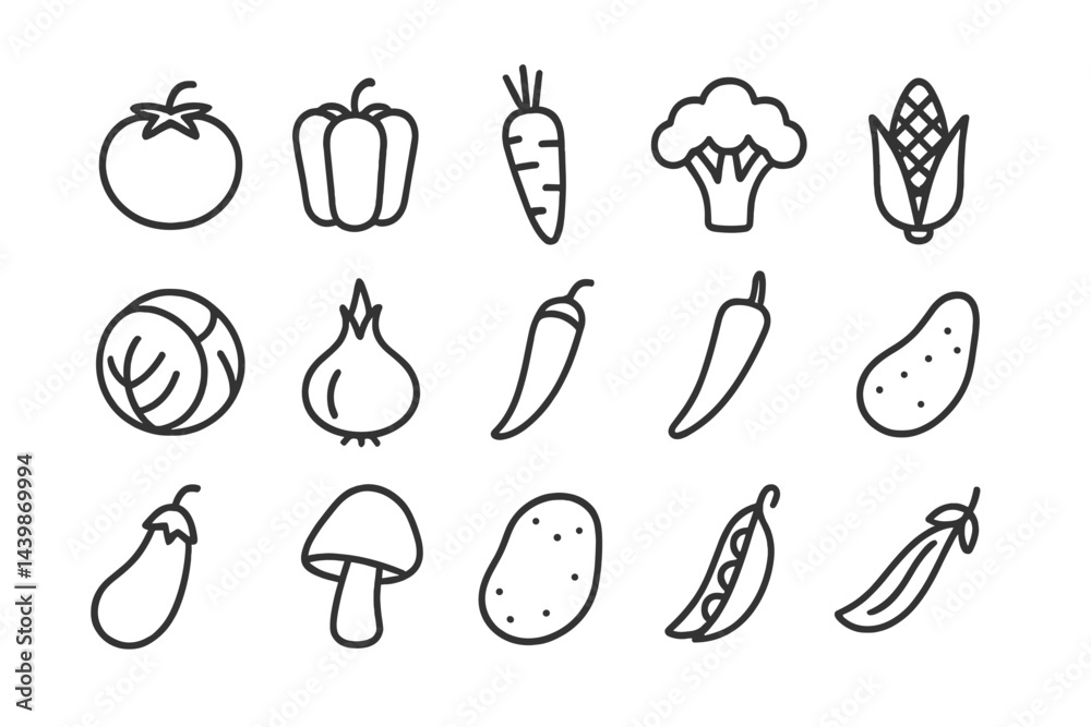 Poster Variety of hand-drawn line style web icons representing vegetables and produce in a simple design