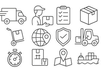 Collection of line style web icons representing logistics, shipping, and delivery services in modern digital design