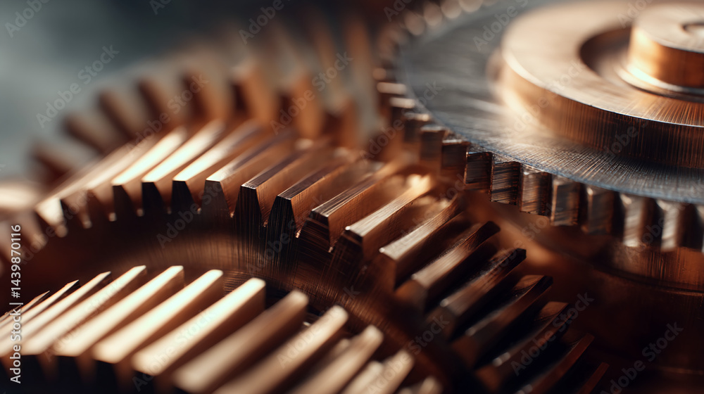 Poster close-up of bronze gears, intricate metallic texture, showcasing precision engineering, symbolizing 