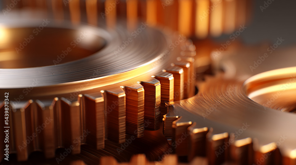 Poster close-up of bronze gears intermeshing, showcasing intricate detail and metallic texture, representin