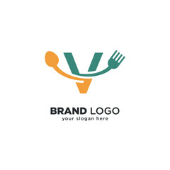 Creative Food Logo with V Letter and Spoon Design.