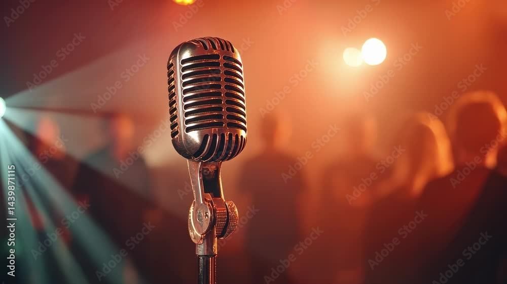 Poster wireless microphone stands ready on stage, illuminated by warm lights, anticipating a performance be