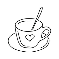 Outline of tea or coffee cup with spoon and heart. Tableware for hot drinks. Cozy breakfast concept. For menu design, scrapbook, coloring book or decor element. Vector illustration in doodle style.