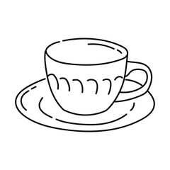Outline cup for tea or coffee. Tableware for hot drinks. Cozy breakfast concept. For menu design, scrapbook, coloring book or decor element. Vector illustration of porcelain in doodle style.