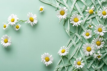 Fototapeta premium Fresh, delicate daisies arranged on a pastel mint background.