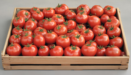 Many ripe red tomatoes in wooden crate on grey table, flat lay