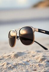 pair of sunglasses sitting on top of a sandy beach