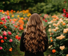 Naklejka premium Woman in Black Dress Amidst Colorful Flower Garden