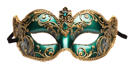 A green and gold venetian mask with jewel accents isolated