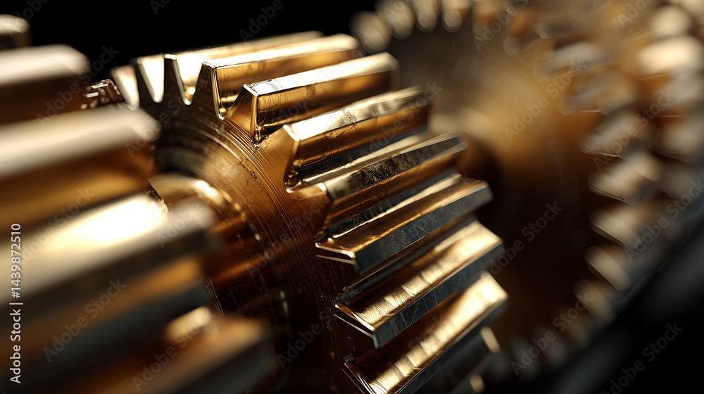 Poster close-up of golden gears interlocked, showcasing intricate metallic texture and precision engineerin
