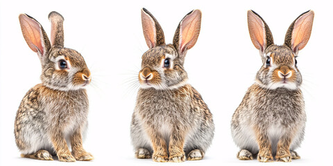 Fototapeta premium Three lovely brown rabbits sit against a white backdrop,