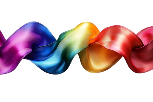 Satin ribbon undulates in rainbow hues, blending blues, greens, yellows, and reds with lustrous shine, isolated on a transparent background