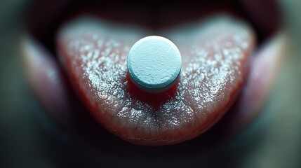 Close-up of a white pill dissolving on a wet tongue