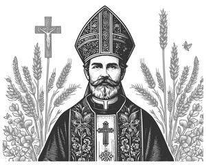 Catholic bishop in ornate vestments and mitre, holding crucifix, surrounded by wheat and flowers sketch engraving generative ai fictional character raster illustration. Scratch board. Black and white.