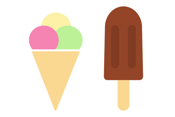 Colorful Ice cream scoops in waffle cone and Chocolate Ice Cream on Stick Icon Logo element idea Set