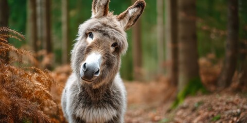 A baby donkey is sitting on the ground and looking up