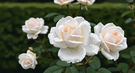 Exquisite ivory roses capture soft light in a garden oasis of floral beauty