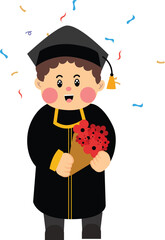 Cute student graduation cartoon character holding flower, Cute graduation cartoon character, Cute greeting card of graduation cartoon illustration, class of 2025