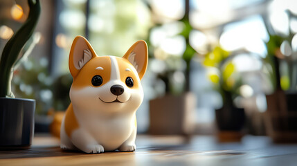 Cute corgi figurine in a bright indoor garden decorative object cozy atmosphere playful view
