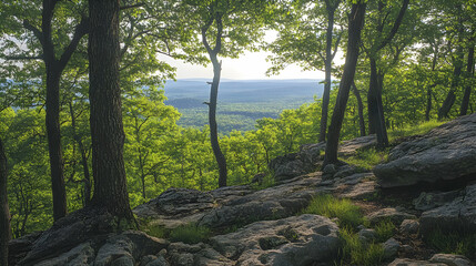 Fototapeta premium Majestic Mountain Vista: A Panoramic View of Serene Forest Landscape