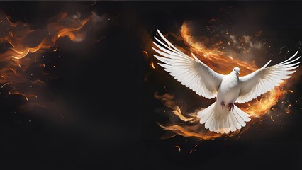 White Dove Surrounded by Fiery Sparks on Dark Background Pentecost Sunday Holy Spirit Gift On Fire Symbol of Peace with Flying White Dove and Flames in Dark