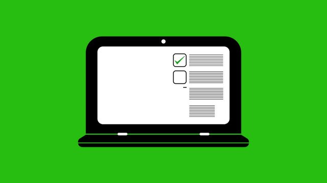 Flat Style 4K Animation: Checklist Filling with Positive Marks on Laptop Notebook.