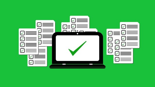 Flat Style 4K Animation: Checklist Filling with Positive Marks on Laptop Notebook.