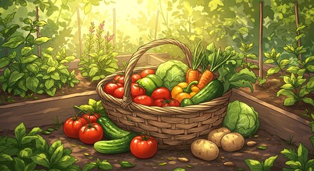Harvest Bounty: A Basket Overflowing with Freshly Picked Garden Vegetables
