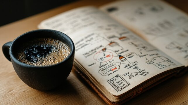 Coffee cup next to a notebook full of doodles and ideas