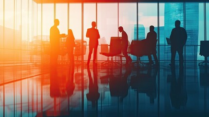 Silhouetted team collaborating in modern office setting with city views