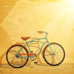 Fototapeta premium Vintage Cruiser Bike Illustration. Retro bicycle leaning on sunny wall, aged paper texture. Summer graphic for leisure & transportation concept