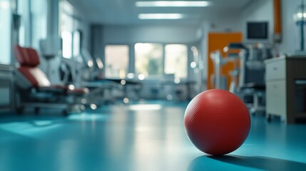 Fototapeta premium Dynamic red ball in a rehabilitation center sports activity modern environment indoor view