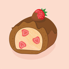 Cute chocolate strawberry Swiss roll cake vector illustration featuring creamy filling, fresh strawberries inside, chocolate coating, and a chocolate-dipped strawberry topping.