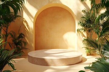 Sunlight streaming through the room highlights a round beige podium surrounded by tropical plants and an elegant arch, creating a serene atmosphere perfect for product display