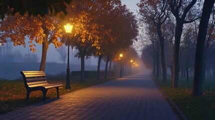 A foggy park road at night, with trees, street lamps, and a bench, evokes tranquility.