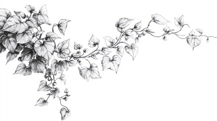 Detailed vine drawing, detailed leaves, black and white, botanical illustration, decorative design, for wall art or print, for book illustration, or wallpaper