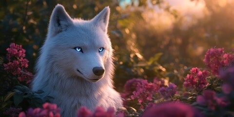 Obraz premium Pale wolf in floral garden