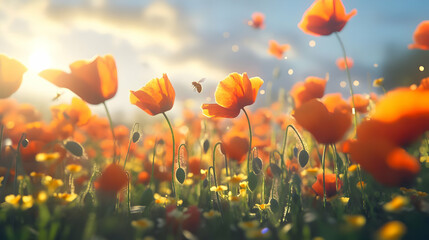 Obraz premium Stunning Sunset over a Vibrant Poppy Field