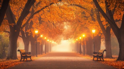 A foggy park road at night, with trees, street lamps, and a bench, evokes tranquility.