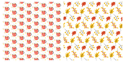 Freehand Autumn leaves and Cup with Hello Autumn text and Marshmallows cubes Seamless Patterns Set