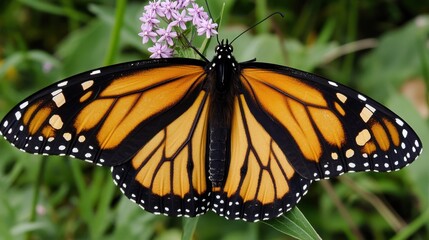 Naklejka premium Monarch Butterfly on Verbena Flower, Wings Spread