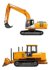 Side view of a yellow excavator and bulldozer with tracked wheels and detailed machinery components.
