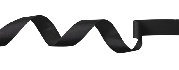 black textured satin ribbon curled in wave pattern on transparent background, subtle grain. Png