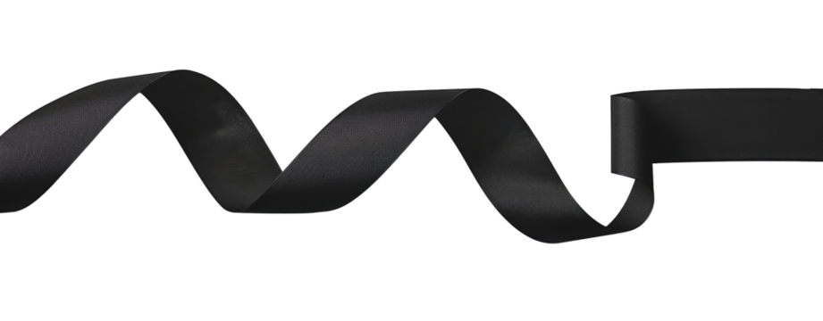 black textured satin ribbon curled in wave pattern on transparent background, subtle grain. Png
