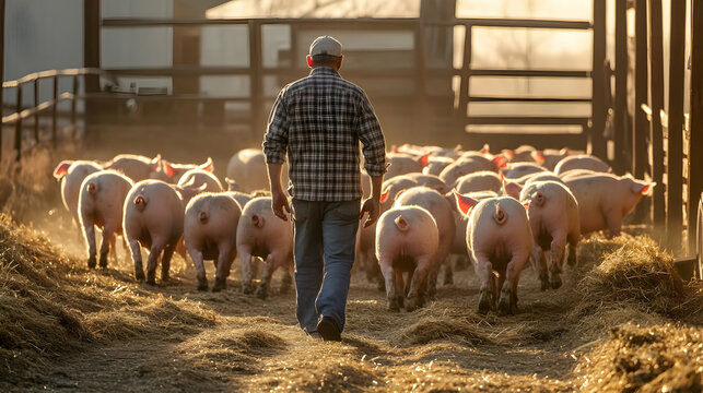 A farmer walks through his pig herd at sunset The animals are moving towards the barn in a rural setting