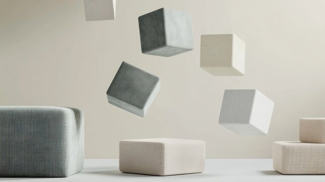 Abstract geometric shapes, various colors, levitating cubes, neutral tones, modern design elements