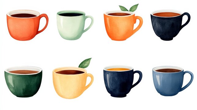 Watercolor Illustrations of Various Tea Varieties in Colorful Teacups and Mugs Displayed in Artistic Arrangement