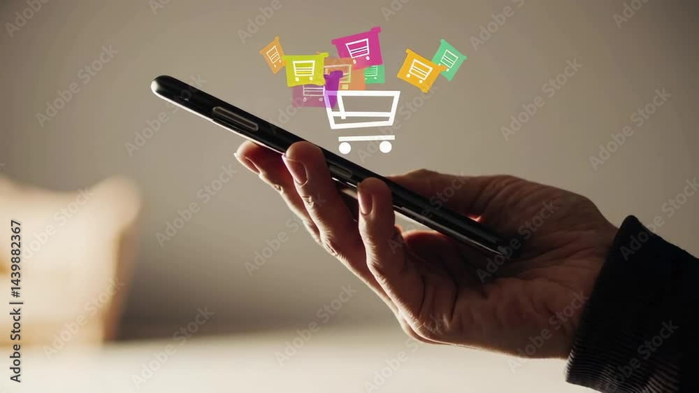 Poster smartphone screen displaying colorful shopping cart and messaging icons, representing digital consum